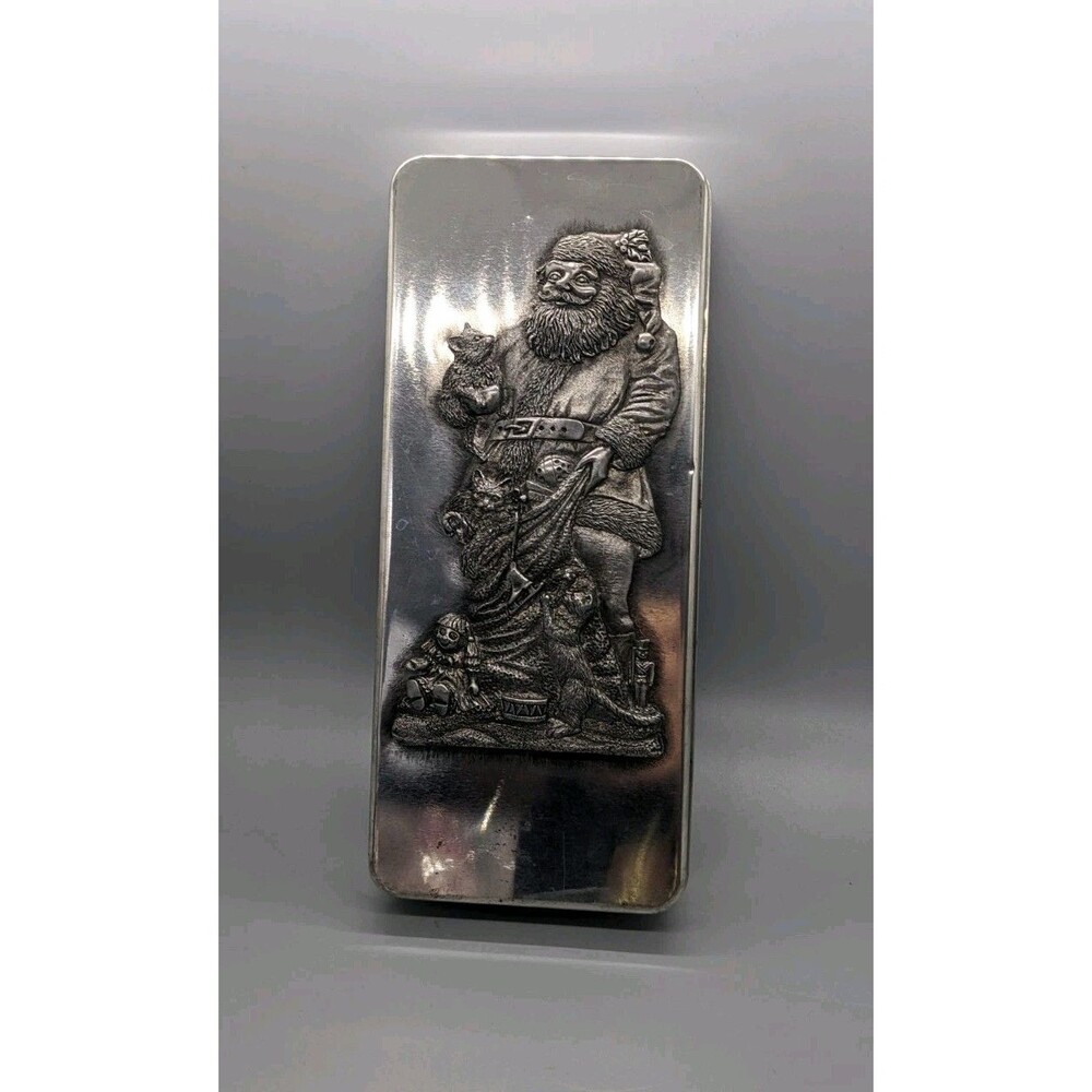 Metzke Metal Tin Box Pewter Santa w Toy Sack CATS Christmas Overlay Mounted